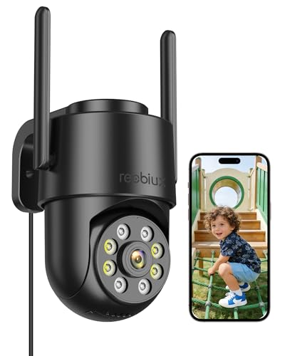 Reobiux Camara Vigilancia WiFi Exterior,2K Impermeable WiFi 2,4 GHz,PTZ 360°,Detección de Movimiento,Visión Nocturna,Audio Bidireccional,Seguridad para Hogar,Garaje y Jardín,3m Cable
