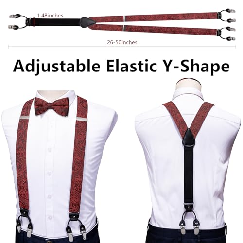 Image of YOHOWA Men Suspenders 6 Clips Strength Adjustable Y Braces Pre-Tied Bow Tie Set Formal Wedding Party