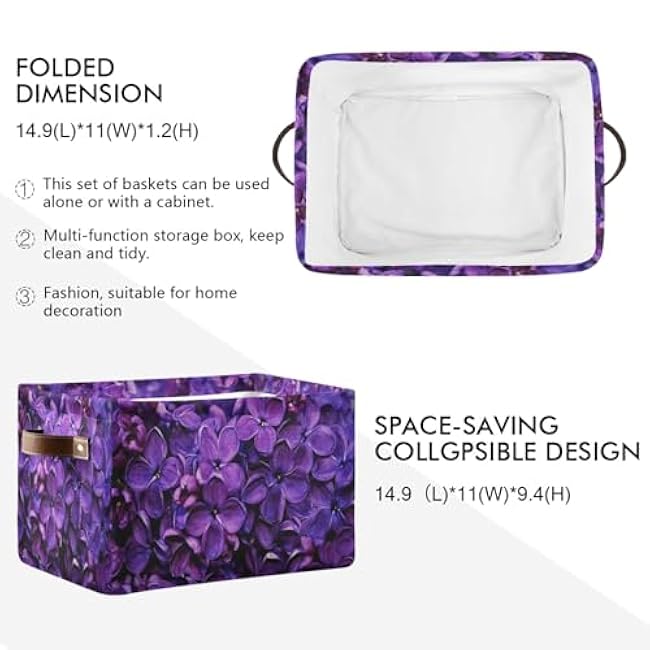 xigua Spring Lilac Purple Floral Large Storage Basket, Foldable Storage Basket, Waterproof Coating Storage Box with Handle Storage Bag, for Home & Office, 1PCS