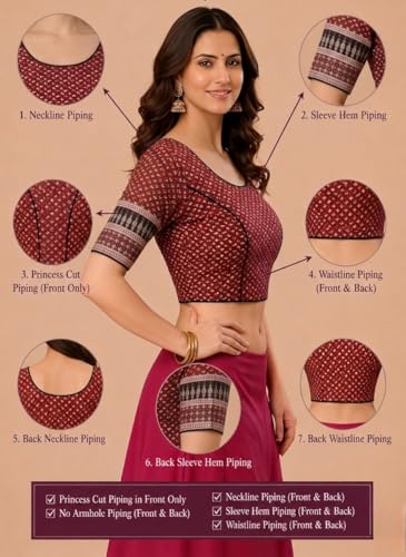 Image of Amazon Brand - Anarva Women's Printed Cotton Saree Blouse | Traditional Round Neck Elbow Sleeve Princess Cut Piping Blouse for Women | Ethnic Readymade Strechable Blouse