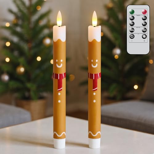 Image of Gingerbread Man LED Flameless Taper Candles, 2 Pack with 6H Timer, 3D Flickering Flame, Plastic, Brown