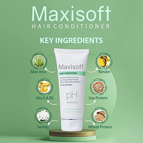 Image of Maxisoft Hair Conditioner | Keratin, Aloe & Protein Rich | Repairs Dry, Frizzy & Damaged Hair | Smooth, Soft & Nourished Finish | pH Balanced, Paraben Free | For Men & Women | (100 ml Pack of 4)