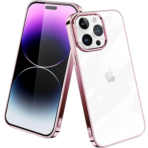 iPhone 14 Pro Max 用ケース クリア tpu シリコン メッキ加工 スリム 極薄軽量 透明 スマホケース 耐衝撃 QIワイヤレス充電対応 ストラップホール 黄変防止 一体型 人気 アイフォン14 Pro Max 携帯カバー ピンク