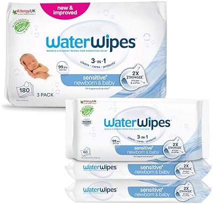 WaterWipes Sensitive+ Newborn & Baby Wipes, 180 Count (3 Packs), ...