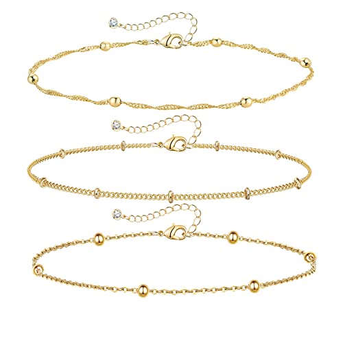 YANODA 3Pcs Gold Ankle Bracelets for Women Dainty 14k Gold Plated Layering Anklets Set Adjustable Fashion Bead Link Chain Ankle Bracelet Adjustable Beach Foot Jewelry Gifts for Women