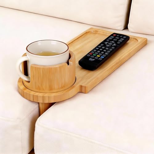 Bamboo Couch Caddy with Cup Holder, Couch Gap Tray Insert, Sofa Armrest | 360° Rotating Cup Holder, Removable 3-in-1 Design, Sofa Gap Fit, Phone & Tablet Stand, Gaming & Movie Night Use