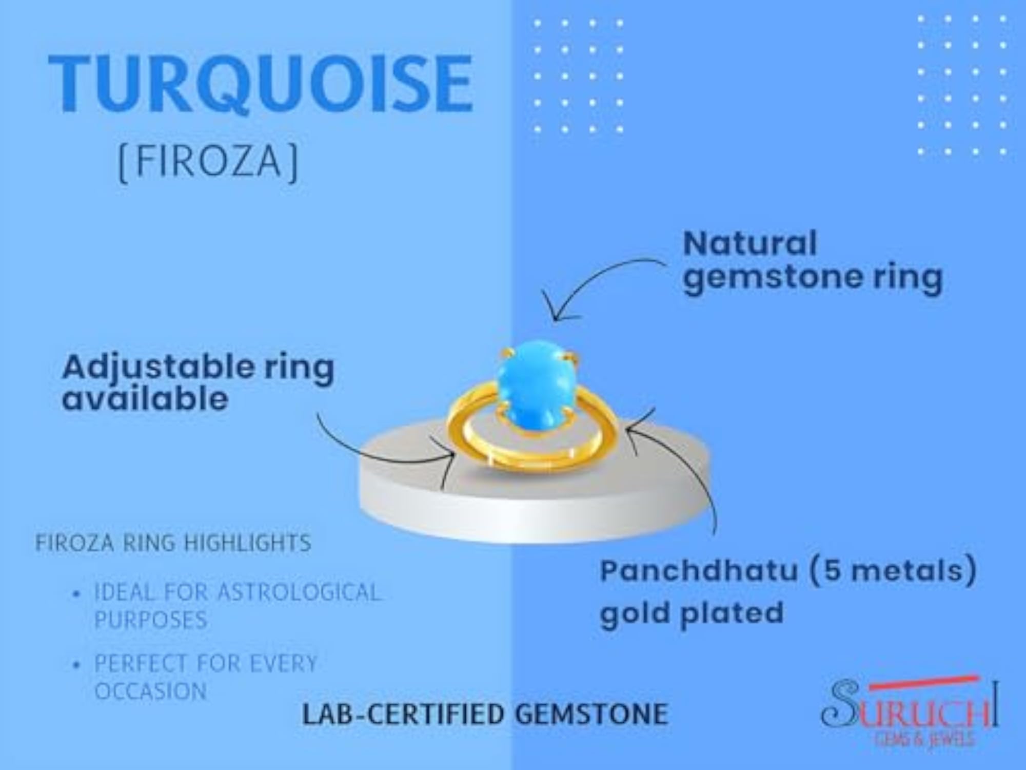 Turquoise Adjustable Panchdhatu Ring, Astrological Gemstone