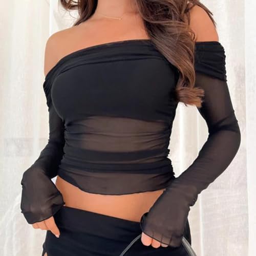 ABAFIP Women's Sheer Crop Top Ruched Ruffle Off Shoulder Mesh Cropped Long Sleeve Blouse Rave Tops2