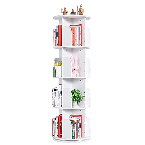 EasyCom Rotating Bookshelf with Metal Frame, 360 Display Wood Revolving Bookcase, 4-Tier Corner Bookshelf with Storage, Floor Standing Spinning Bookshelf for Living Room, Office, White