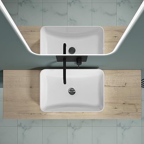 doporro Mensola Sospesa per Lavabo da Appoggio 50x140 cm in Legno Rovere Chiaro, Consolle da Parete per Bagno con Staffe, Mobile da Bagno Design Industriale Platte04