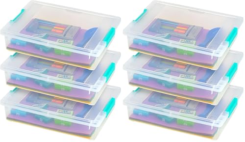 Image of IRIS USA 6 Qt. Craft Storage Bins with Lids, 6-Pack, |Made in USA|, Clip Box, Small Plastic Sensory Bin Tote Organizer Containers for Art Supplies, Paper, & Office, Stackable - Clear /Seafoam Blue
