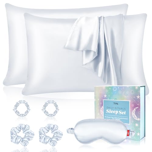 Satin Pillowcase Gift Set with Silk Satin Sleep Mask 4 Scrunchies...