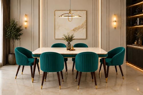Image of WOODEN SPACE 6-Seater Wooden Dining Table Set | Nano Composite Marble Top | Solid Wood Base | Modern Dining Room Furniture with 6 Chairs (Modern Sea Blue)
