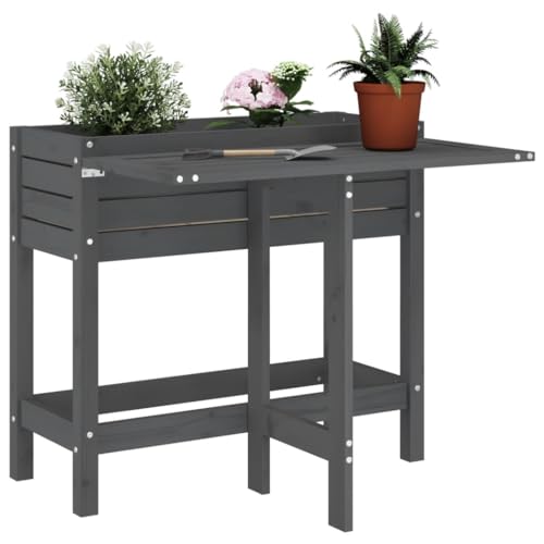 Mokuyary Maceta de jardín con mesa plegable, cama de jardín elevada de madera maciza de pino gris, maceta para cultivar verduras, flores y hierbas
