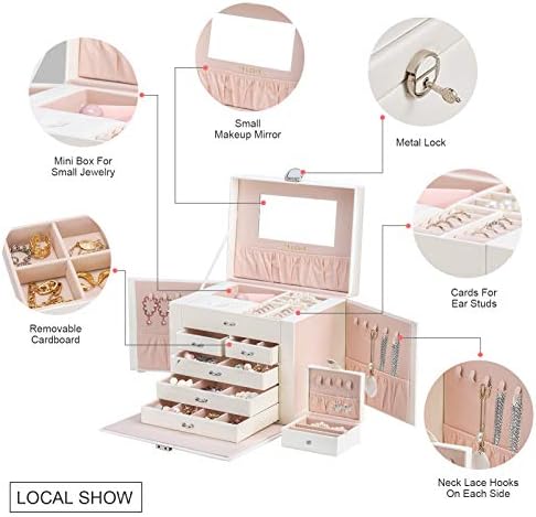 Smileshe Large Jewellery Box, 5 Layers Lockable Organiser Storage with Portable Travel Case, Mirror and Drawers, Leather Jewelry Boxes Case for Earrings, Rings, Necklaces, Bracelets (White)
