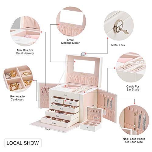 Smileshe Jewelry Box For Women Girls, Pu Leather Large Storage Boxes With Portable Travel Case, Huge Lockable Display Organizer For Rings Earrings Necklaces Bracelets #TOP1