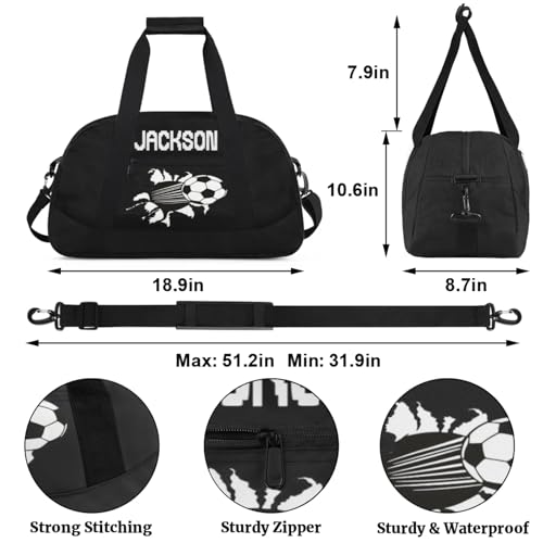 Custom Kids Duffel Bags with Name - Lightweight Gym Bag for Boys & Girls, Personalized Sports Backpack for Workout, and Travel Football Black White2