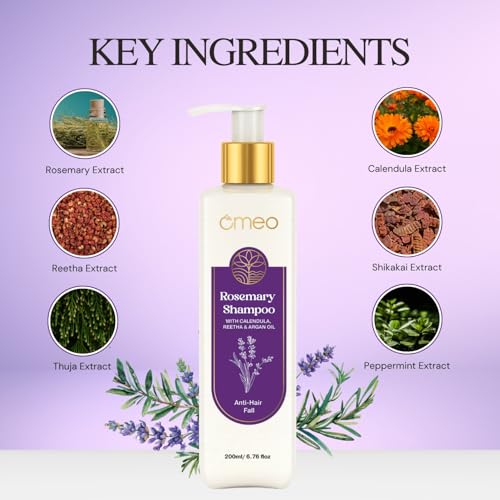 Image of Omeo Rosemary Anti-Hair Fall Shampoo 200ml Pack of 2 with Rosemary, Argan Oil, Reetha, Shikakai, Peppermint & Thuja | Controls Hairfall, Hair Damage & Promotes Hair Growth All Hair Types- Woman & Man