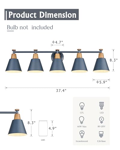 Image of FEMILA 5 Light Bathroom Vanity Light, 37.4 inch Bathroom Lighting Fixtures Over Mirror, Blue Finish, E26 Base, 4FG59B-5W Blue