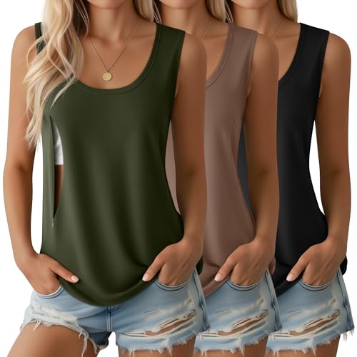 Ficerd 3 Pack Womens Maternity Nursing Tank Tops Breastfeeding Zipper Sleeveless Shirts Comfy Summer Pregnancy Clothes(X-Large Black Mocha Army Green)