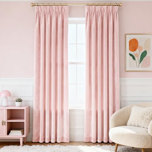 Pinch Pleated Baby Pink Velvet Curtains 84 inch Length 2 Panel Set for Living Room Modern Elegant Plush Velvet Luxury Fabric Room Darkening Window Drapes Nursery Girls Bedroom Curtain Light Pink