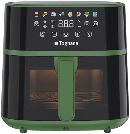 Tognana Iridea - Freidora de aire de 6 litros, doble resistencia, pantalla digital, temporizador, 80-200°C, ventana, 1700 W, verde salvia