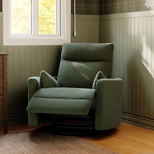 Image of Davinci Atlas Upholstered Recliner and Swivel Glider in Cozy Olive Boucle | Nursery Glider Chair with High Back, Padded Armrests, and Bolster Pillows | Smooth Recline for Nursing and Feeding