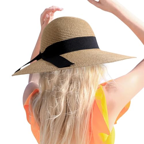 GSHLLO Bowknot Beach Straw Sun Hats Wide Brim Roll up Hat Foldable Packable Summer Caps Travel Floppy Hat Outdoor Camping Hats Khaki3