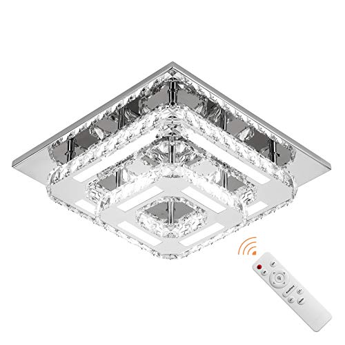 Modern Crystal Ceiling Light with Dimmable Remote Control, Stainless Steel Luxury Flush Mount LED Chandeliers Ceiling Light Fixture, Ideal for Dining Room, Bedroom, Hallway, Living Room