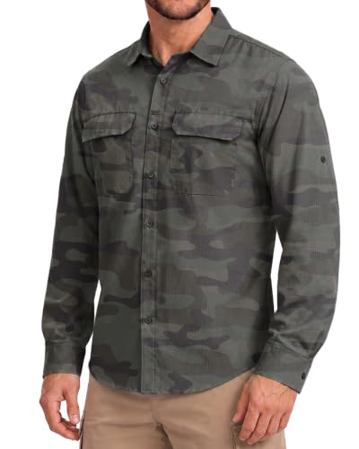 Men's Sun Protection Fishing Shirt UPF 50+ Long Sleeve Safari Hiking Travel Shirts with Pockets Quick Dry(Green Camo Medium)