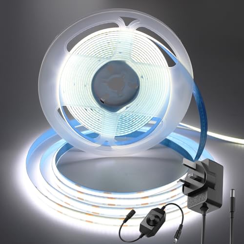 ShineBurky 5M COB LED Strip Lights, White 6000K High Bright Cuttable Tape Light with Plug