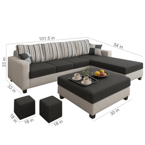 Image of CASASTYLE Lano 8 Seater Fabric RHS L Shape Sofa Set with 1 Centre Table & 2 Puffy (Dark Grey-Light Grey)