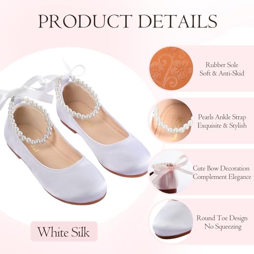 MEJORMEN Flower Girl Shoes Girls Dress Shoe Toddler Mary Jane Ballet Flats Princess Lace-Up Pearl Ankle Strap Dress Shoes for Wedding Party School4