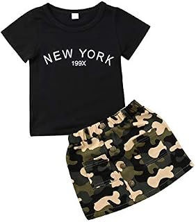 Toddler Baby Girls Camouflage Outfit Black Letter Tops T-Shirt + Skirt Dress Shorts