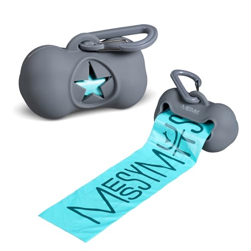 Messy Mutts Silicone Dog Waste Bag Holder | Dog Poop Bag Dispenser with Carabiner and Bags | Unscented Roll Included – 15 bags | Leash Essential | (Grey)