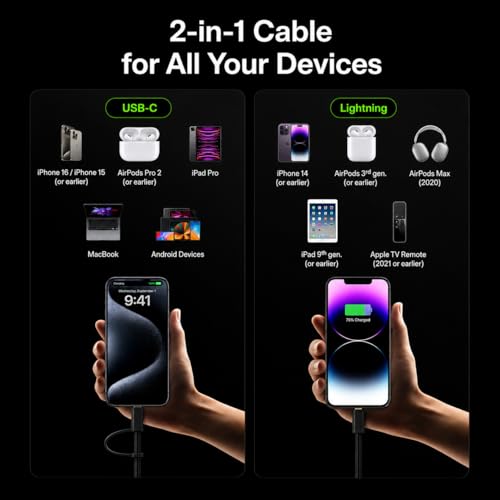 Image of AILKIN 60W 2-in-1 USB C to Lightning & Type C Charging Cable, MFi Certified Fast PD Charger Cord for iPhone 16 /16e /16 Plus /16 Pro Max, 15 /14 /13 /12 /11 Series, iPad, AirPods, USB-C Devices