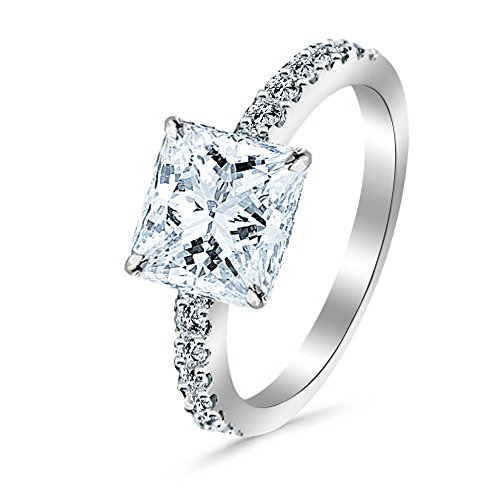14K White Gold 1 Carat LAB GROWN DIAMOND Classic Side Stone Pave Set Princess Cut Diamond Engagement Ring (G-H Color VS2-SI1 Clarity 0.75 Ct Center)