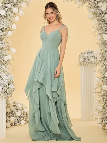 Women’s V Neck Chiffon Bridesmaid Dress A Line Spaghetti Straps Long Tiered Ruffles Formal Evening Party Gown4