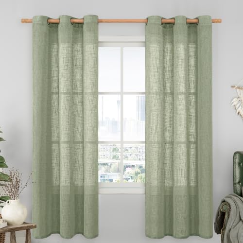 Image of LAMIT Linen Semi Sheer Curtains 72 Inches Long for Living Room, Bronze Grommet Window Drapes Light Filtering Boho Panels for Bedroom /Farmhouse, 2 Panels, Sage Green, 34 x 72 Inch