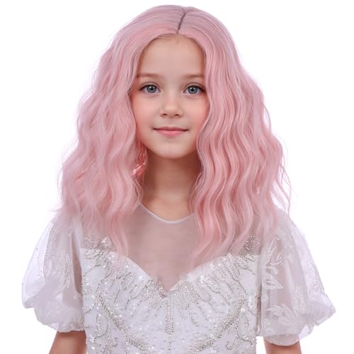WAVELNM Kids Pastel Pink Wigs Child Short Light Pink Bob Wig Girls Colored Loose Curly Wavy Wig Kids Side Part Synthetic Wigs for Daily Halloween Party Use