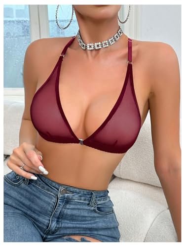 Image of SOLY HUX Women's Sheer Mesh Through Bra Sheer Bralette Front Closure Deep V Neck Wireless Lingerie Sexy Lingerie Bra
