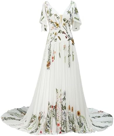 Flybridal Bridal Dresses for Bride Engagement Long Colorful Floral Embroidered Lace Chiffon Half Sleeve Flowy Wedding Dress Ivory Size 16