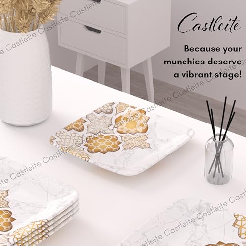 Castleite Bliss Melamine Quarter Plates Set Of 6 - Size 7',Non Breakable,Square Designer Plate For Serving Snacks,Breakfast,Lunch Or Dinner At Home,Kitchen,Or Café,Stainless (Paradise Palms) - White