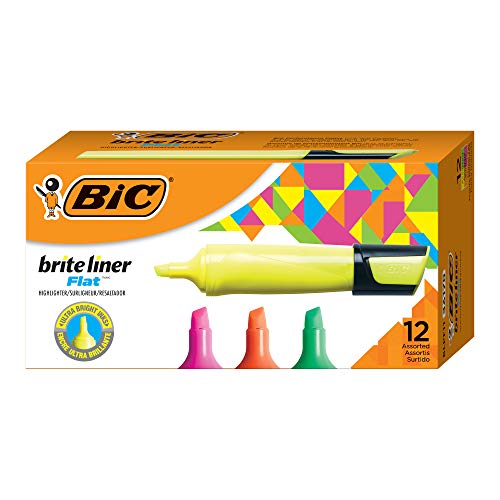 BIC Brite Liner Flat Highlighter, Chisel Tip, Assorted Colors, 12-Count