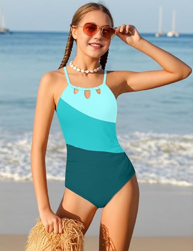 Image of KANGKANG Girls Swimsuit Quick Dry Cut Out One Piece Swimsuits with Tropical Print Cover Up Skirt Bathing Suit Swimwear 7-18Y