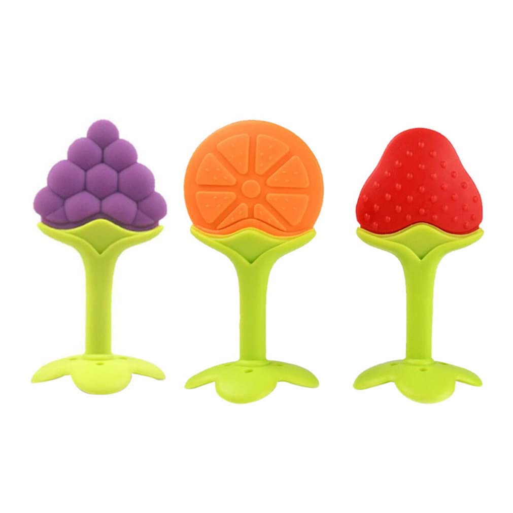 Baby Teething Toys Soft Silicone Fruit Shape Grape Strawberry Orange Teethers Teething Pain Relief Toy Gums Chew for Toddlers and Infants Multicolor 3Pcs.
