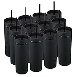 MEWAY 20oz Skinny Tumblers 12 Pack Double Wall Acrylic Tumbler with Lid and Straw,Matte Pastel Colored Reusable Plastic Cups With Straw for Parties, Birthdays,Customization DIY Gifts(Black,Set of 12)