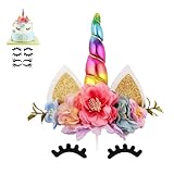 Nishine Handmade Cherry Floral Unicorn Cake Topper Eyelashes Set for Birthday Party Supplies (Rainbow)