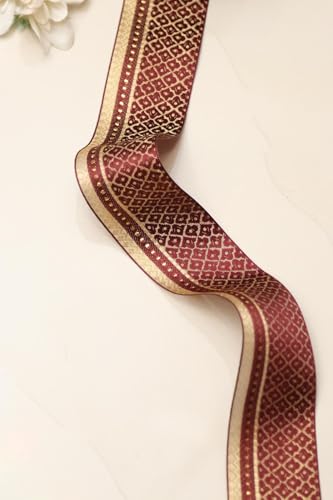 Image of Banarasi Silk Border Lace for Saree, Dupatta, Lehenga, Suit, Blouse & Home Furnishing, Crafting DIY (Maroon Gold, 9 Meters x 2.25 Inch)