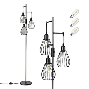 EDISHINE LED Floor Lamp, Dimmable, Black Floor Lamp, 3 Bulbs, Vintage Floor Lamp with E27 Bulb, Industrial Design Made of Metal, Cage Lampshade, for Living Room, Reading Room, Bedroom